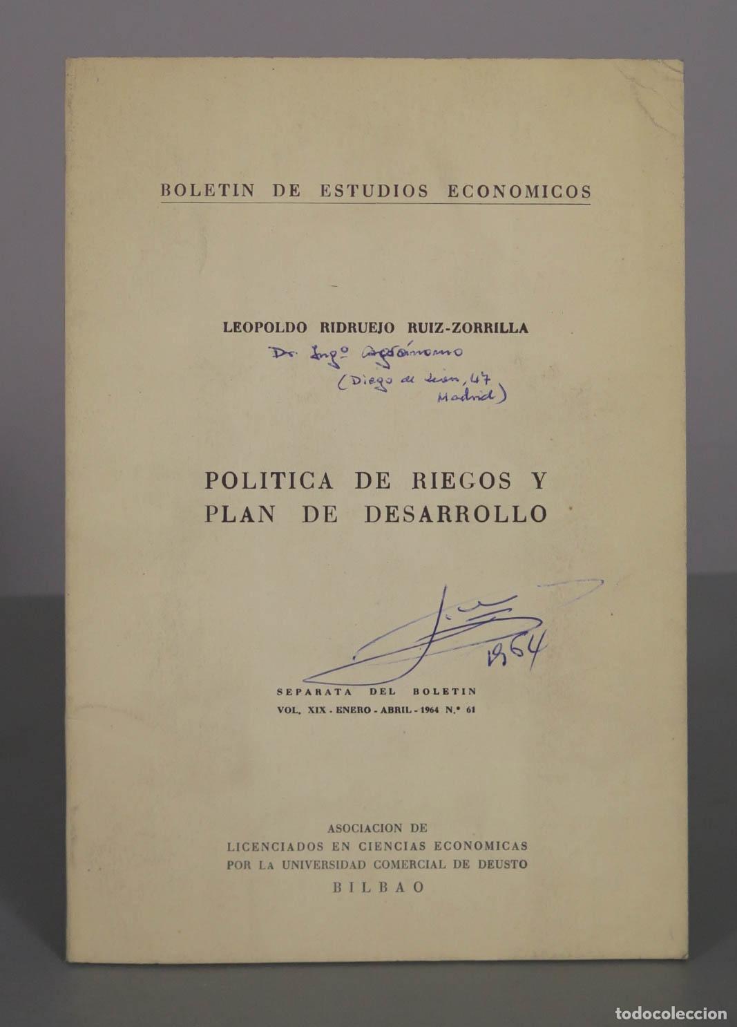 Libros de segunda mano: Politica de Riegos y Plan de Desarrollo - Leopoldo Ridruejo Ruiz-Zorrilla - Universidad Comercial de