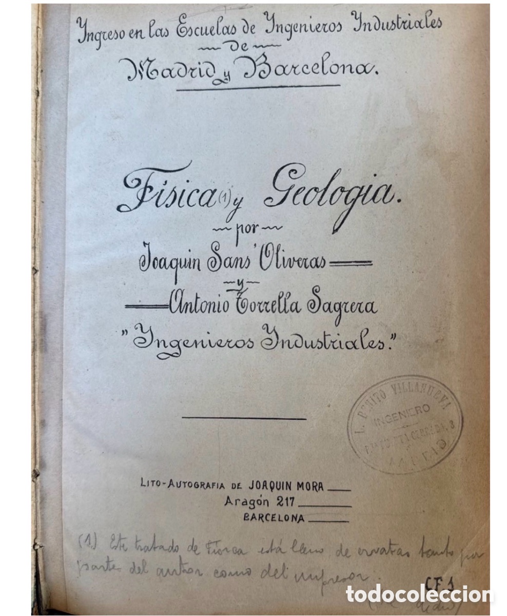 Libros de segunda mano de Ciencias: Sans-Torrella: F&iacute;sica y Geolog&iacute;a, Ingenieros Industriales Barcelona, lito-autograf&iacute;a s. XIX