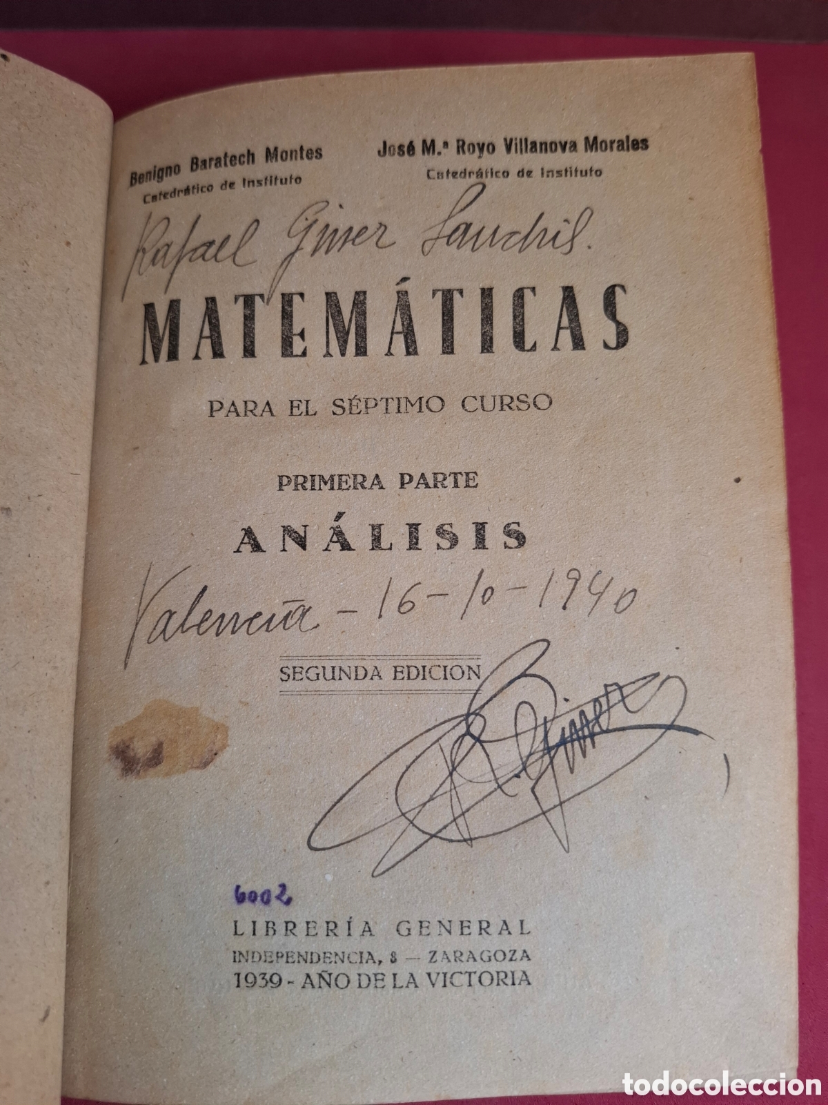 Libros de segunda mano de Ciencias: Matem&aacute;ticas para septimo curso - B.Baratech y J.M&ordf;.Royo Villanova- 1939