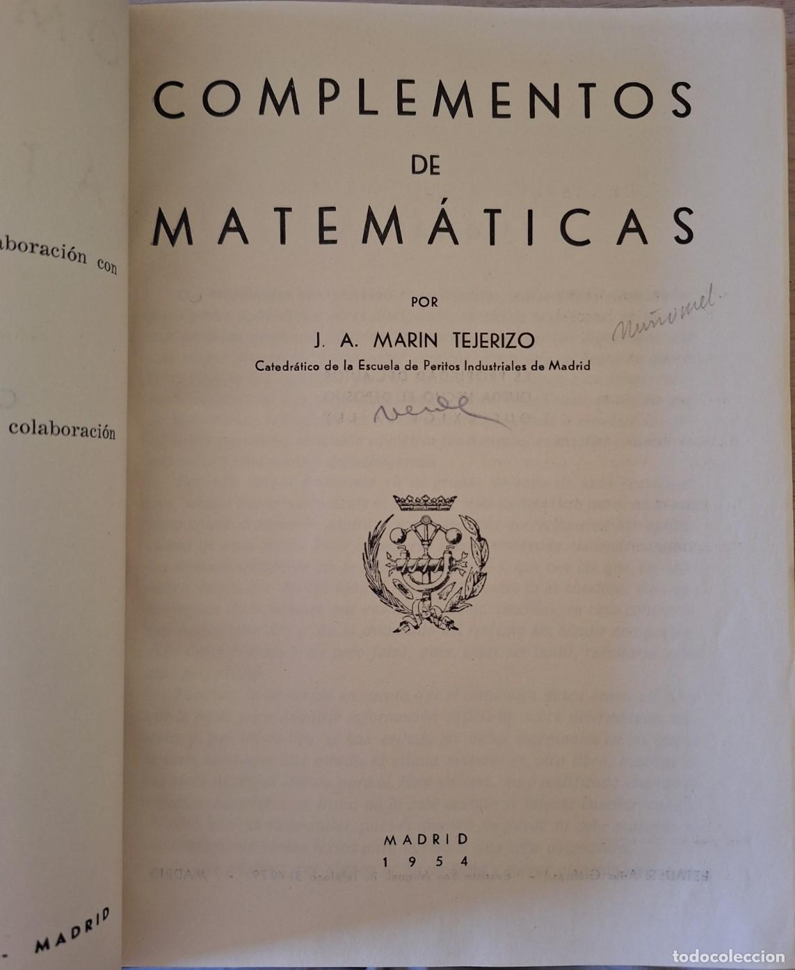 Libros de segunda mano de ciencias: COMPLEMENTOS DE MATEMATICAS. - MARIN TEJERIZO, J.A. - Foto 1