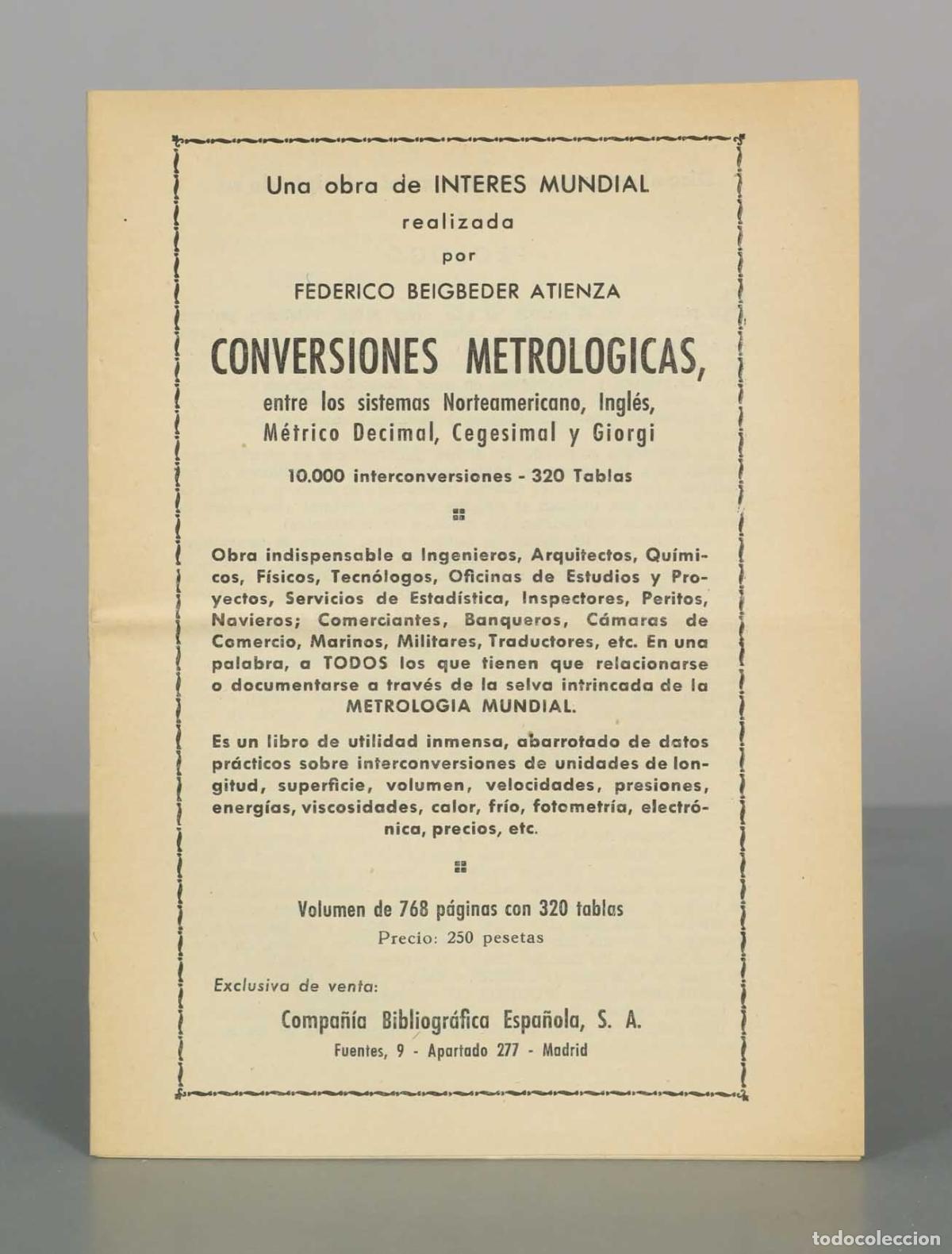 Libros de segunda mano: Conversiones Metrol&oacute;gicas - Federico Beigbeder Atienza - Compa&ntilde;&iacute;a Bibliogr&aacute;fica Espa&ntilde;ola
