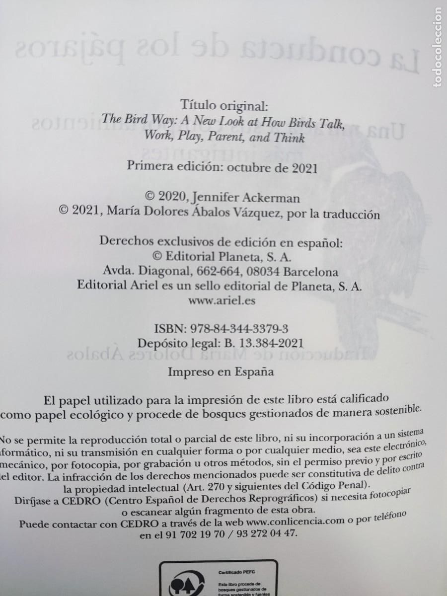 Libros de segunda mano: LA CONDUCTA DE LOS P&Aacute;JAROS / JENNIFER ACKERMAN / 1&ordf;ed. 2021. ARIEL - Foto 3