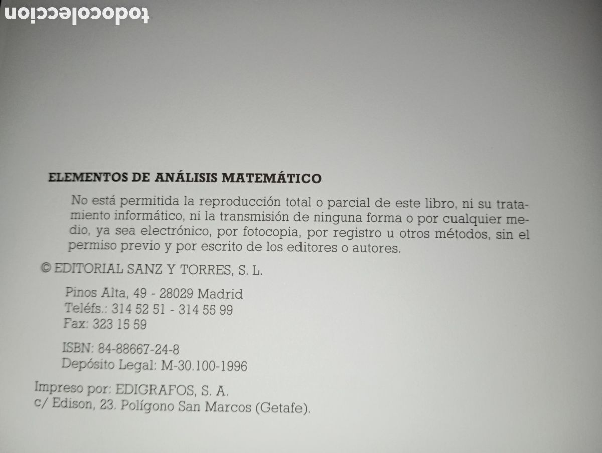 Libros de segunda mano de ciencias: ELEMENTOS DE ANALISIS MATEMATICO. SANZ Y TORRES. - Foto 4