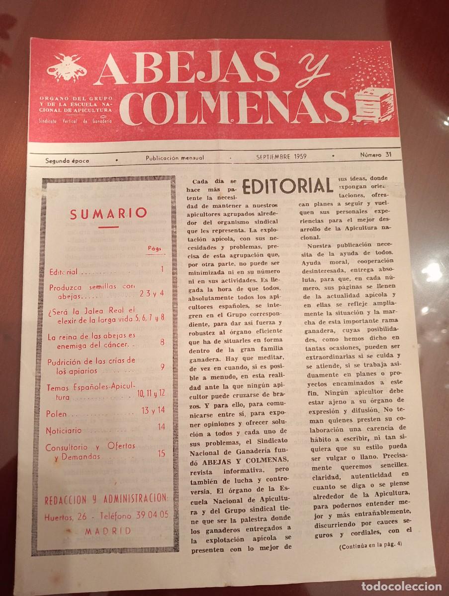 Libros de segunda mano: ABEJAS Y COLMENAS SEPTIEMBRE 1959 N&deg; 31 ESCUELA NACIONAL APICULTURA, COLMENEROS REVISTA APICOLA
