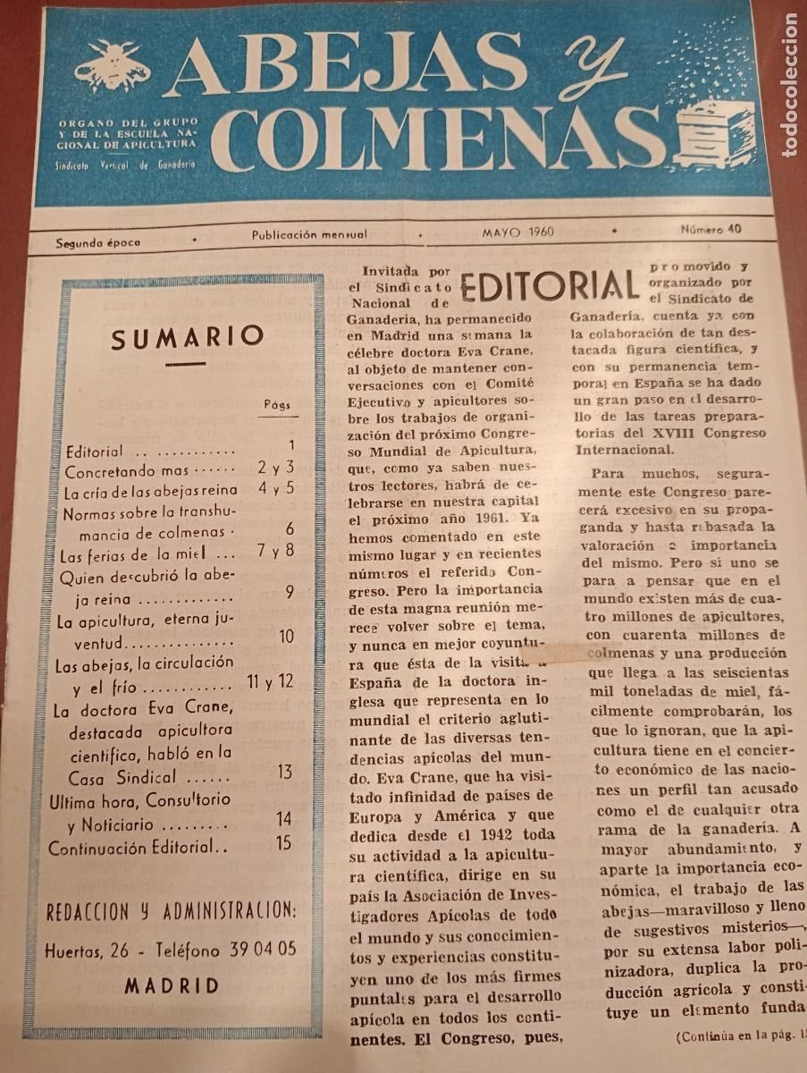 Libros de segunda mano: ABEJAS Y COLMENAS MAYO 1960 N&deg; 40 ESCUELA NACIONAL APICULTURA, COLMENEROS REVISTA APICOLA
