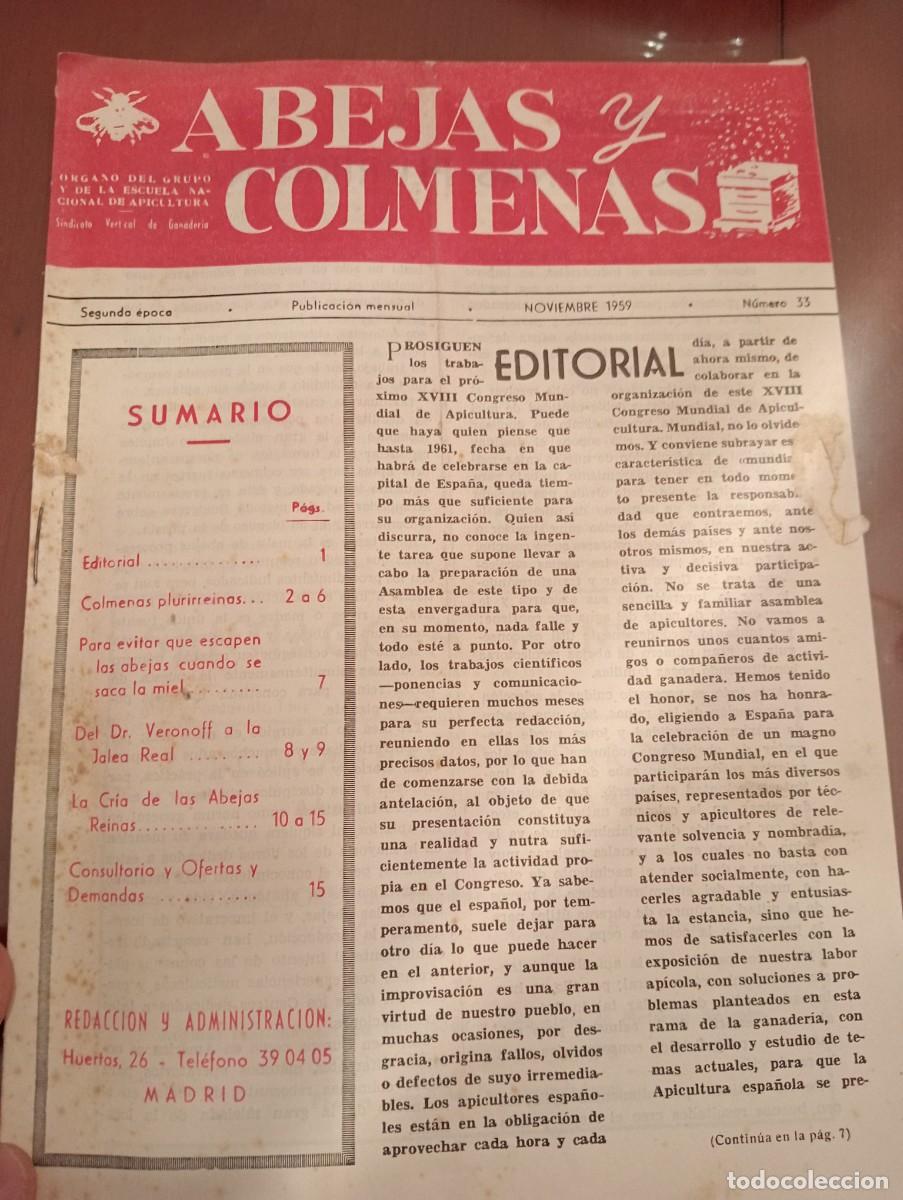 Libros de segunda mano: ABEJAS Y COLMENAS NOVIEMBRE 1959 N&deg;33 ESCUELA NACIONAL APICULTURA, COLMENEROS REVISTA APICOLA