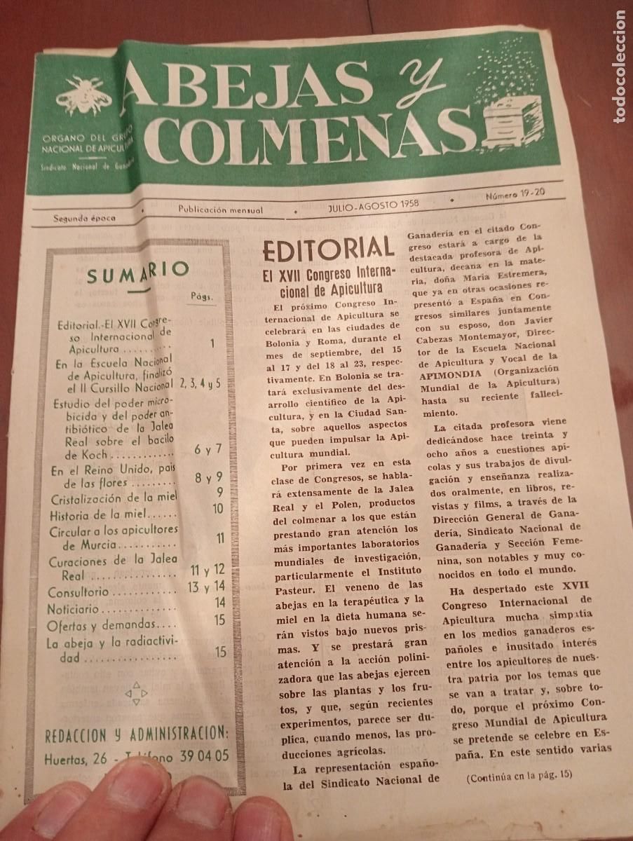 Libros de segunda mano: ABEJAS Y COLMENAS JULIO AGOSTO 1958 N&deg; 19 ESCUELA NACIONAL APICULTURA, COLMENEROS REVISTA APICOLA