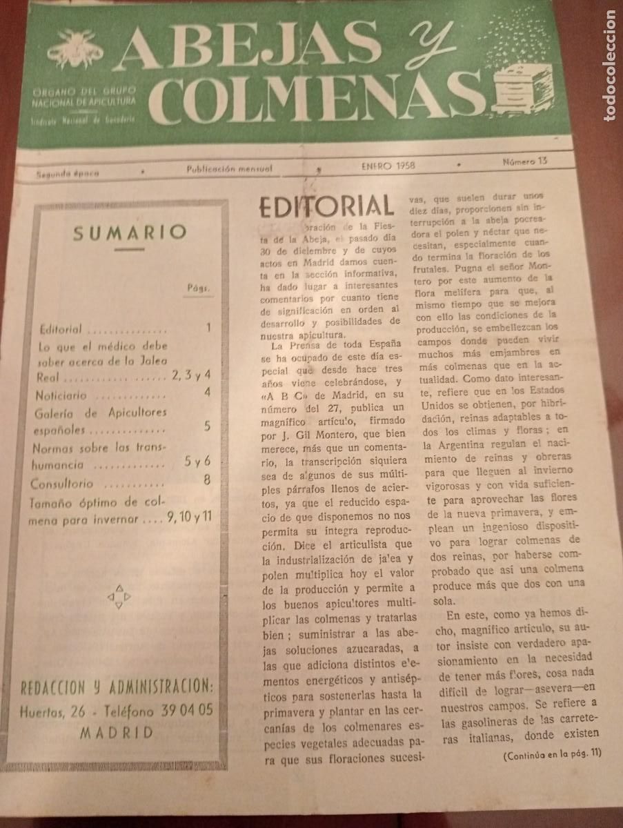 Libros de segunda mano: ABEJAS Y COLMENAS ENERO 1958 N&deg; 13 ESCUELA NACIONAL APICULTURA, COLMENEROS REVISTA APICOLA