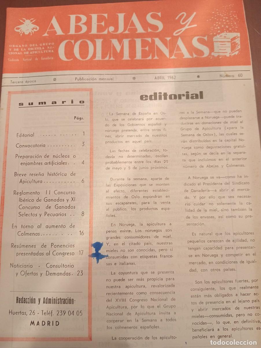 Libros de segunda mano: ABEJAS Y COLMENAS ABRIL 1962 N&deg; 60 ESCUELA NACIONAL APICULTURA, COLMENEROS REVISTA APICOLA
