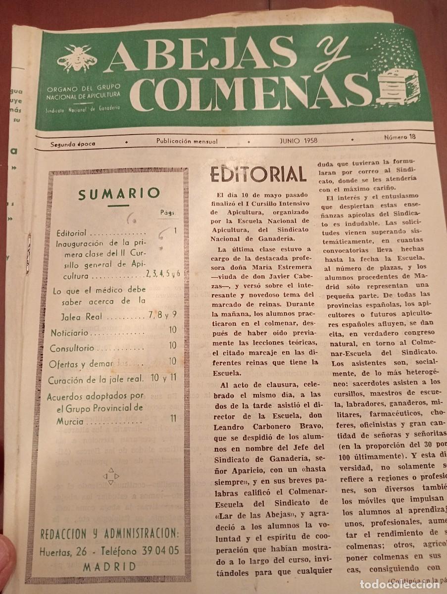 Libros de segunda mano: ABEJAS Y COLMENAS JUNIO 1958 N&deg; 18 ESCUELA NACIONAL APICULTURA, COLMENEROS REVISTA APICOLA
