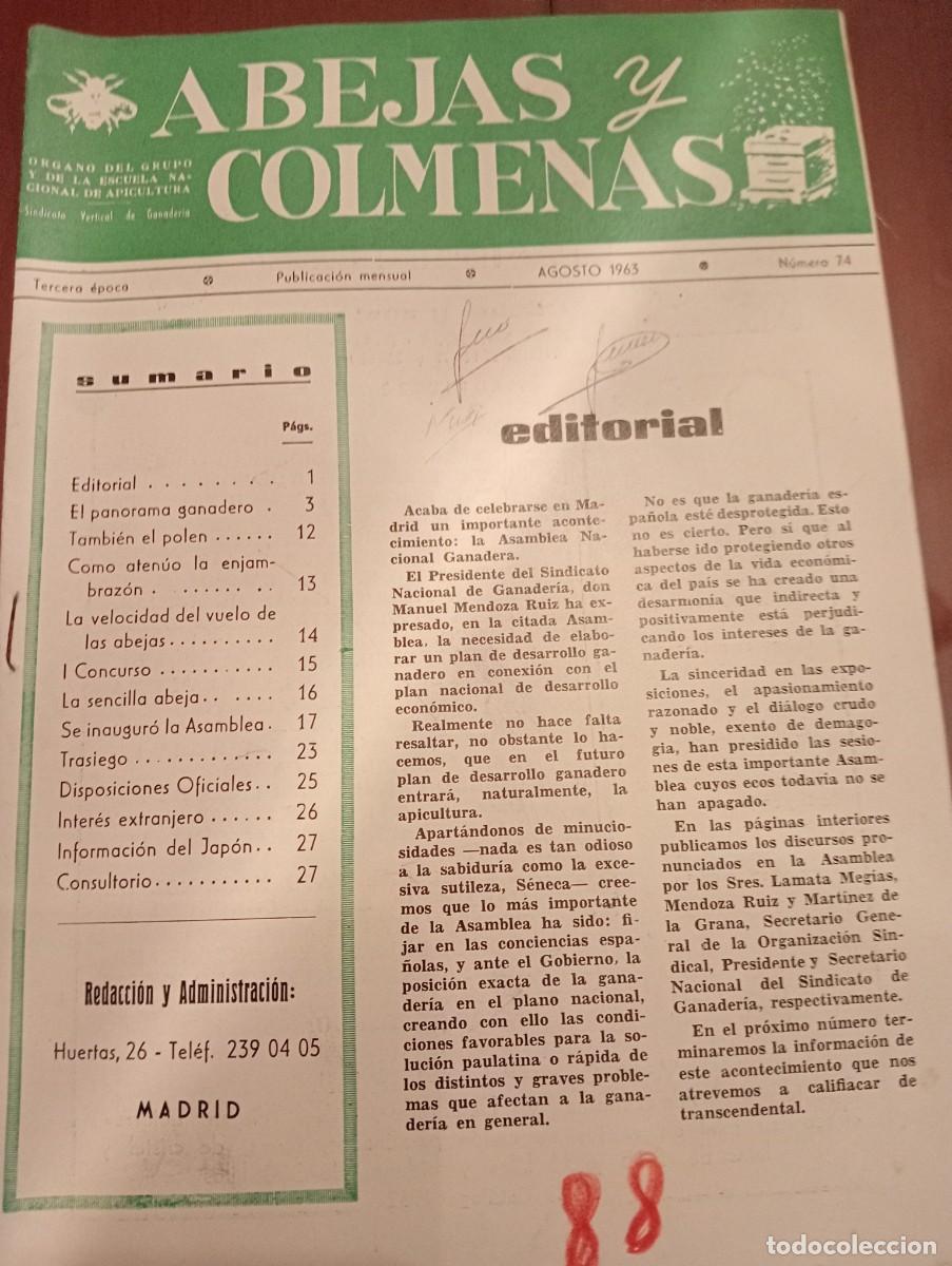 Libros de segunda mano: ABEJAS Y COLMENAS AGOSTO 1963 N&deg; 74 ESCUELA NACIONAL APICULTURA, COLMENEROS REVISTA APICOLA