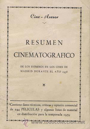 Libros de segunda mano: RESUMEN CINEMATOGR&Aacute;FICO de los estrenos en los cines de Madrid durante el a&ntilde;o 1958. Madrid: Cine-Ase