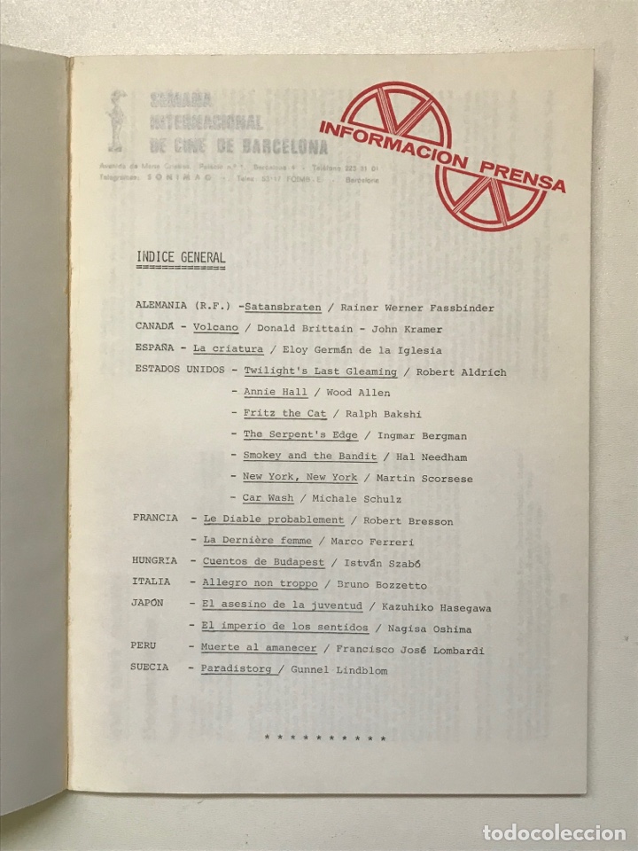 Libros de segunda mano: 19 semana internacional de cine de Barcelona 1977 Ref I - Foto 2