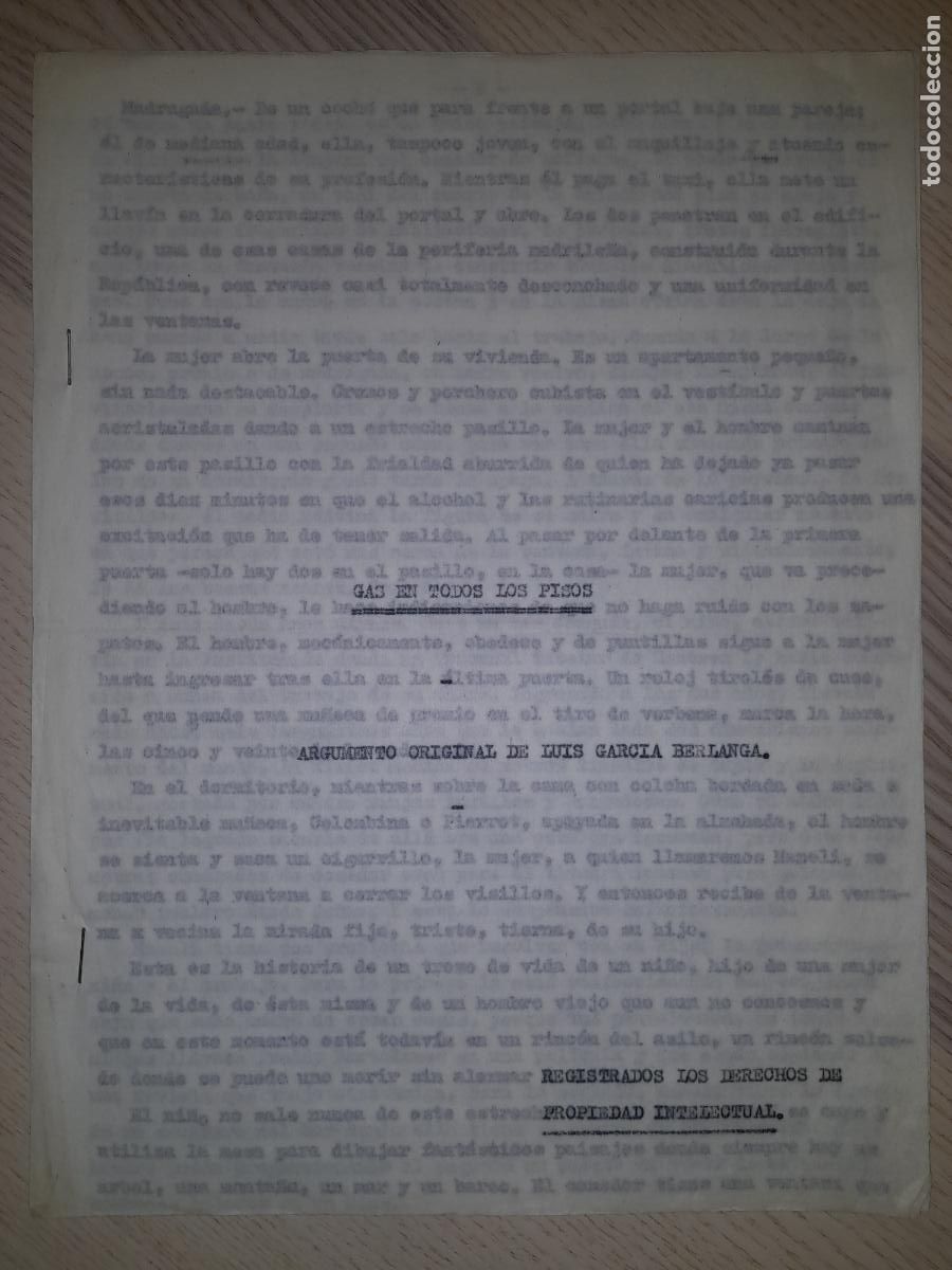 Libros de segunda mano: RAREZA. CINE.Berlanga, Luis Garcia. INEDITO. Argumento in&eacute;dito original,Gas en todos los Pisos, 1957