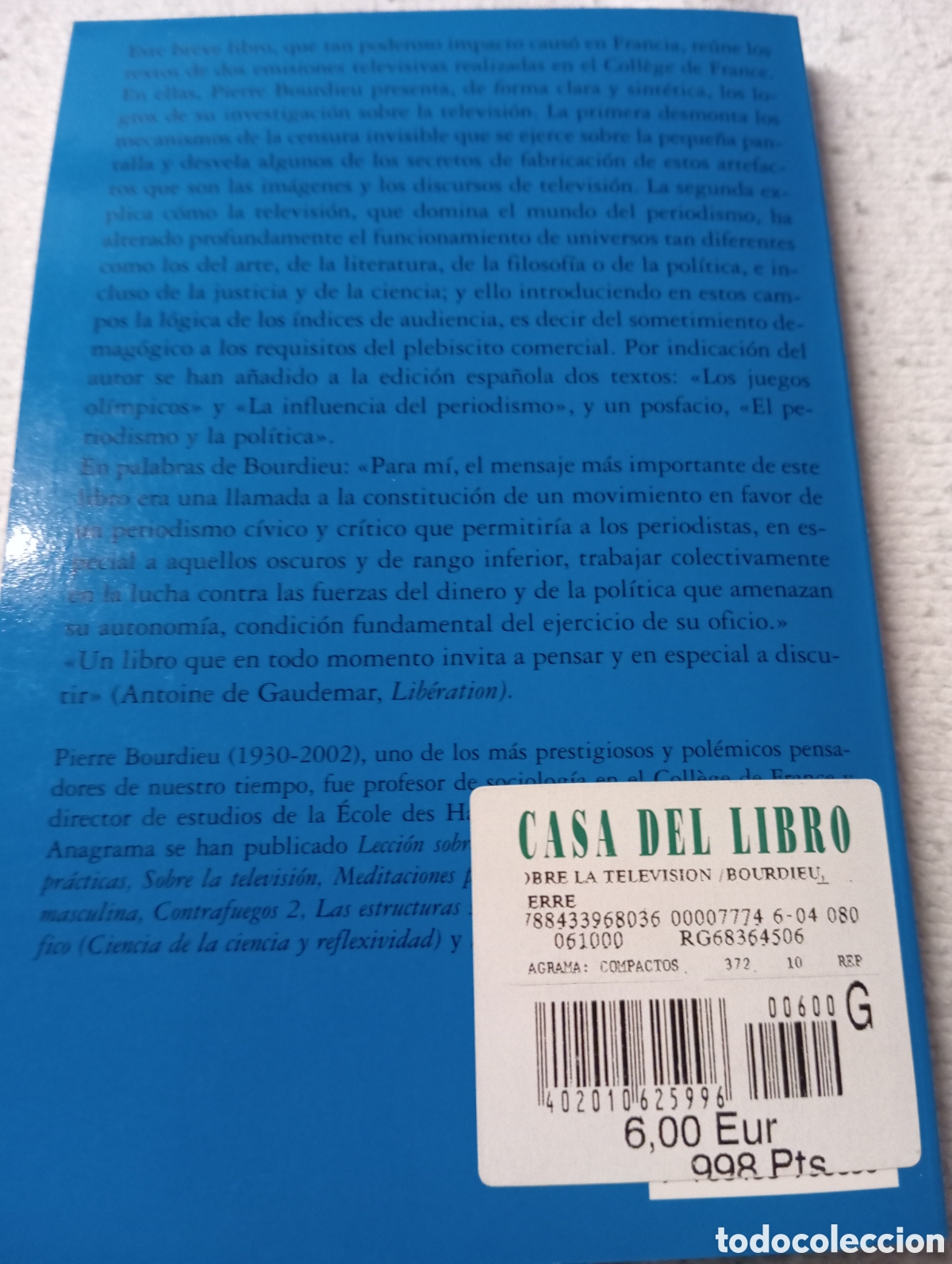 Libros de segunda mano: Libro Sobre la televisi&oacute;n &ndash; Pierre Bourdieu Compactos Anagrama de bolsillo NUEVO - Foto 2