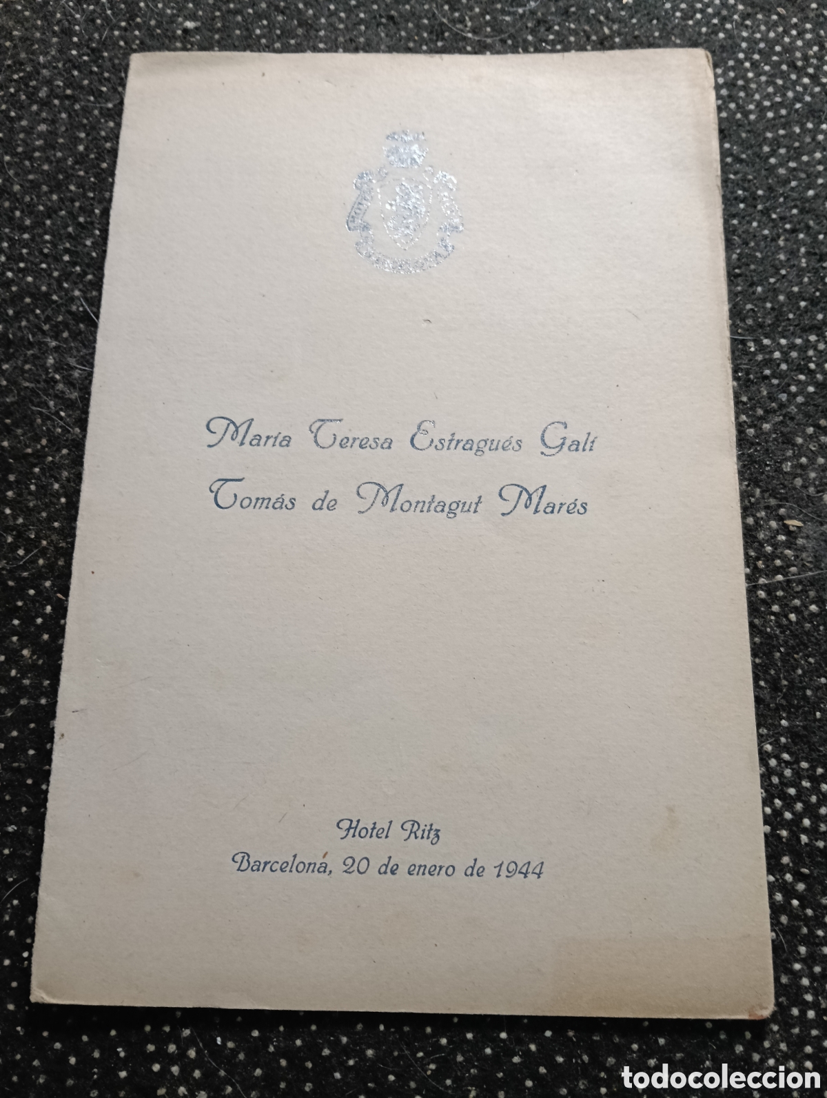 Libros de segunda mano: MENU DE BODA DEL HOTEL RITZ BARCELONA del a&ntilde;o 1944 - 20 de Enero