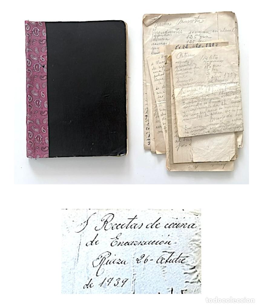 Libros de segunda mano: Recetario manuscrito de cocina de Encarnaci&oacute;n Riaza. 1939 : Cuaderno + Recetas sueltas.