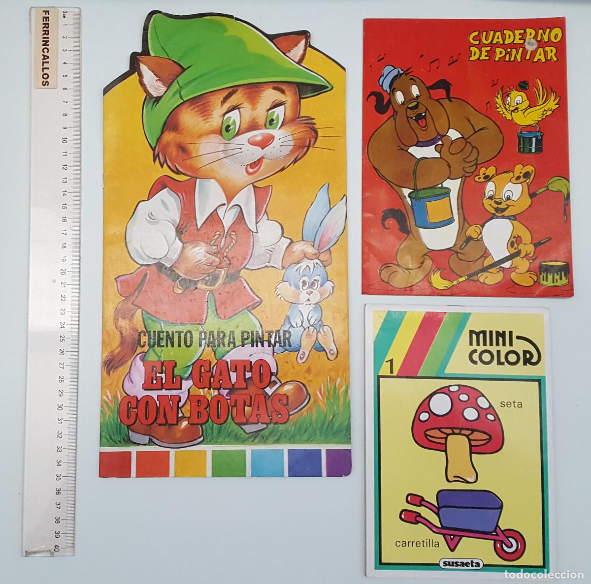 Libros de segunda mano: LOTE 3 CUADERNOS COLOREAR, EL GATO CON BOTAS + RECORTABLES VILMAR + MINI COLOR SUSAETA + REGALO