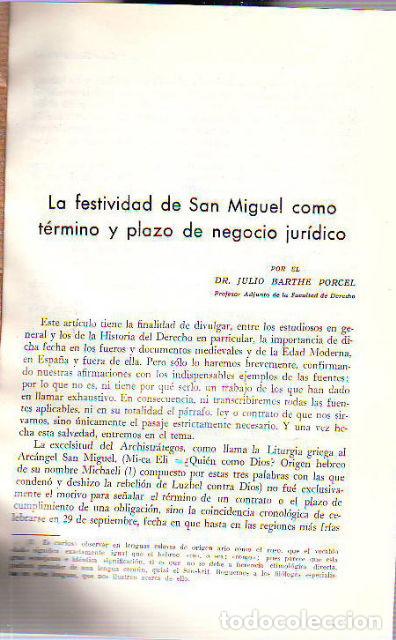 Libros de segunda mano: LA FESTIVIDAD DE SAN MIGUEL COMO TERMINO Y PLAZO DE NEGOCIO JURIDICO. - BARTHE PORCEL Julio.