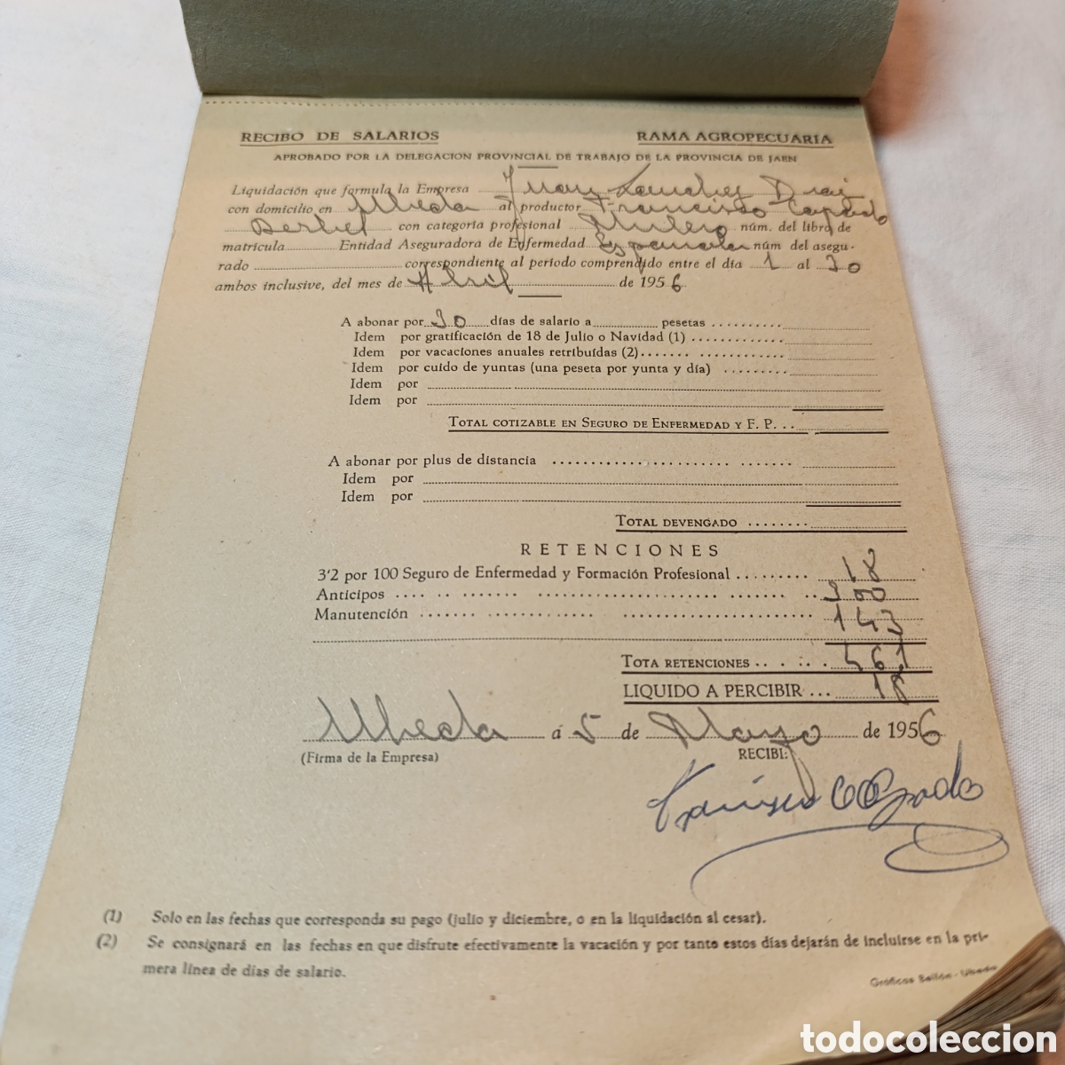 Libros de segunda mano: ANTIGUO TALONARIO RECIBOS DE SALARIOS A&Ntilde;OS 50, &Uacute;BEDA