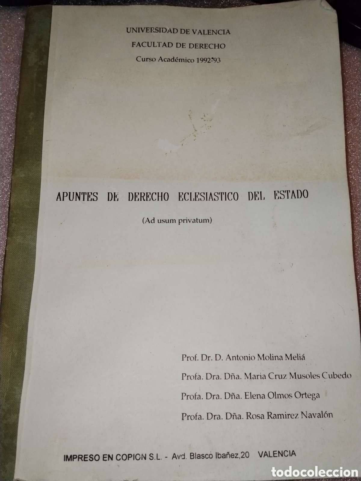 Libros de segunda mano: Apuntes Hist&oacute;ricos Derecho Eclesi&aacute;stico UV 1992-93 Prof. Molina Meli&aacute; Elena Olmos Valencia