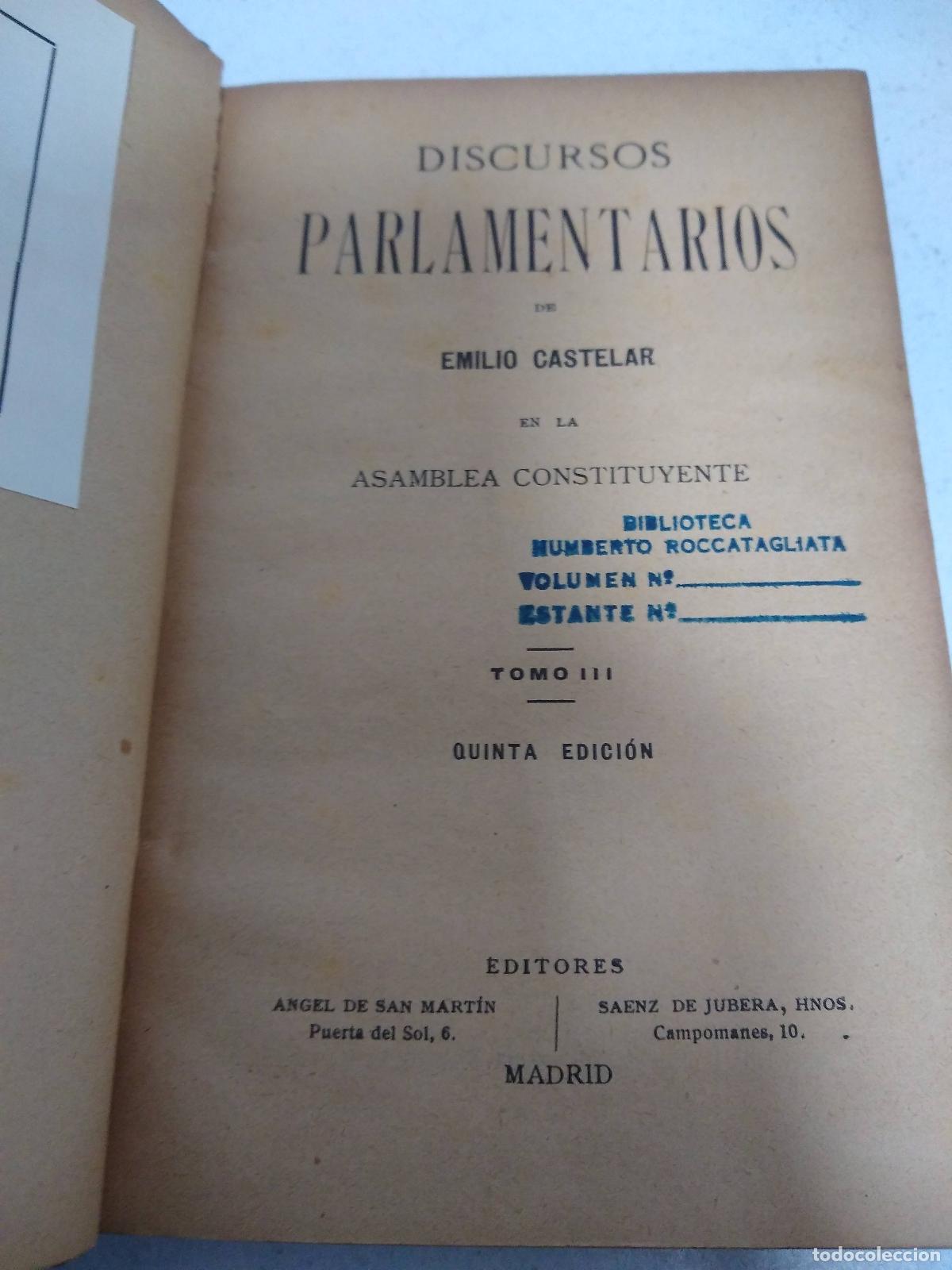 Libros de segunda mano: Discursos parlamentarios en la Asamblea constituyente, tomo III - Castelar, Emilio