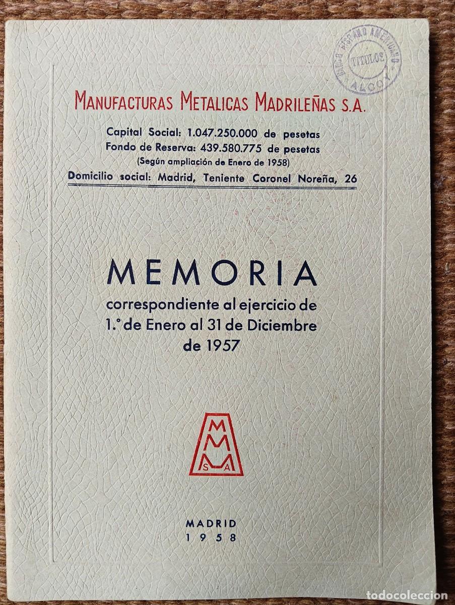 Libros de segunda mano: MANUFACTURAS METALICAS MADRILE&Ntilde;AS - MEMORIA 1957