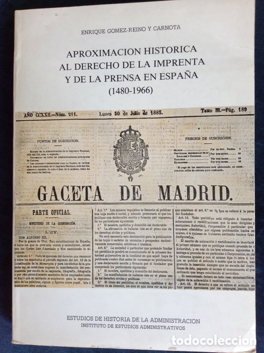 Libri di seconda mano: APROXIMACION HISTORICA AL DERECHO DE IMPRENTA (1480-1966) ENRIQUE GOMEZ-REINO Y CARNOTA