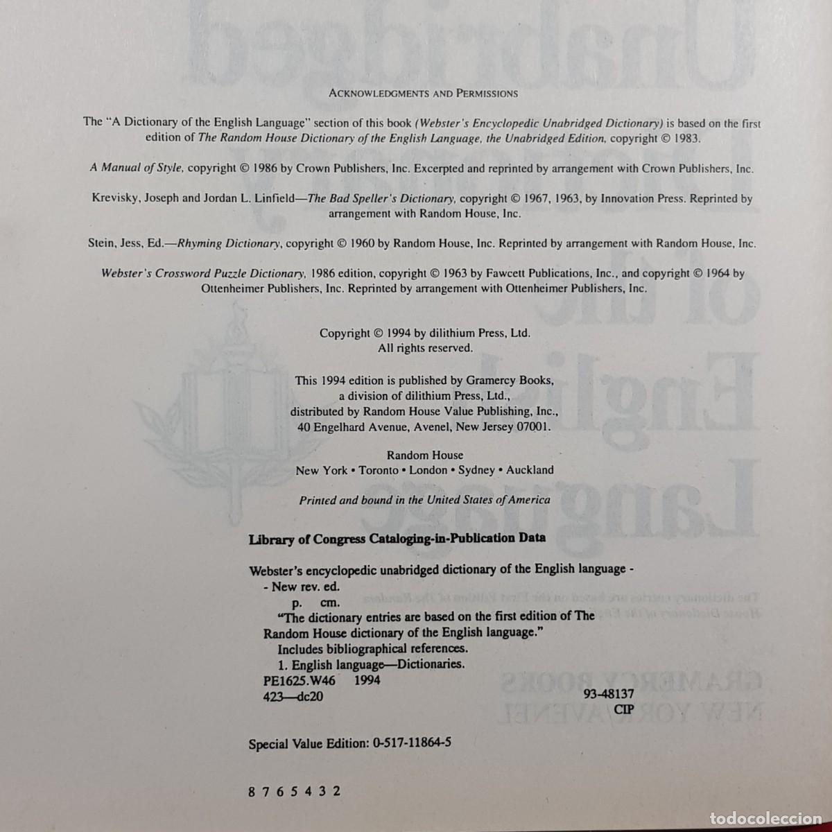 Diccionarios de segunda mano: WEBSTERS ENCYCLOPEDIC - UNABRIDGED DICTIONARY OFTHE ENGISH LANGUAGE - NEW REVISED EDITION / 223 - Foto 4