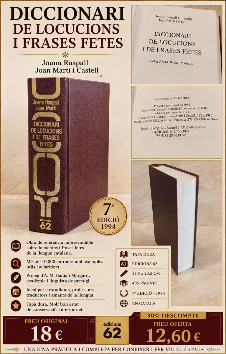 Diccionarios de segunda mano: DICCIONARI DE LOCUCIONS I FRASES FETES | JOANA RASPALL | EDICIONS 62 | 7&ordf; ED. 1994