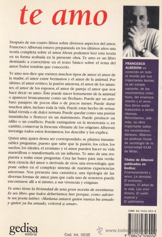 Libros de segunda mano: TE AMO - FRANCESCO ALBERONI. EDITORIAL GEDISA, 1996 - Foto 3