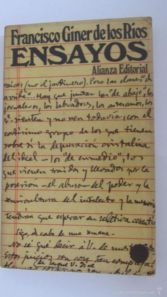Libros de segunda mano: ENSAYOS DE FRANCISCO GINER DE LOS R&Iacute;OS (ALIANZA EDITORIAL) - Foto 1