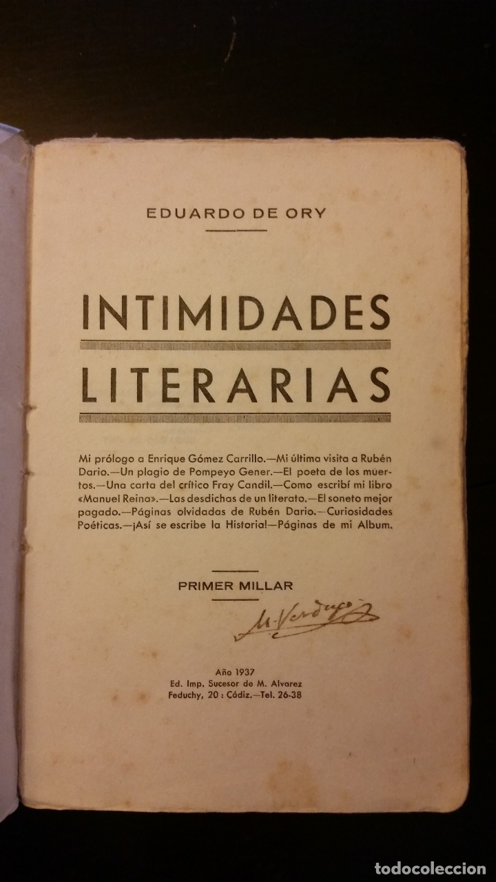 Libros de segunda mano: 1937 - EDUARDO DE ORY - Intimidades literarias - PRIMERA EDICI&Oacute;N - Foto 2