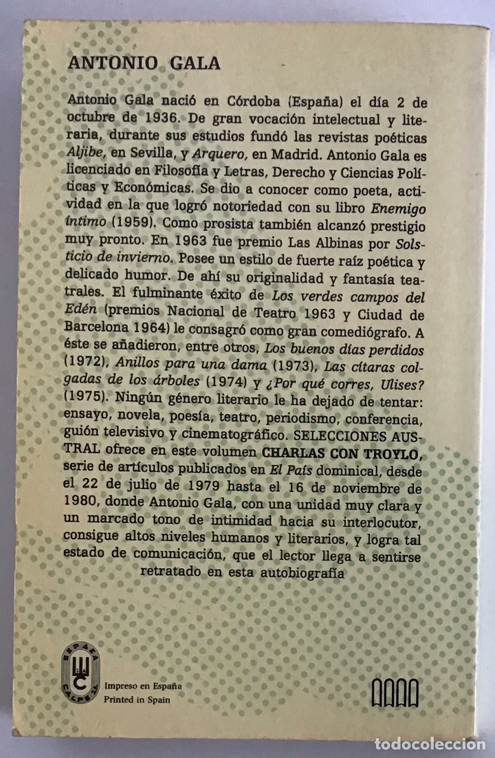 Libros de segunda mano: CHARLAS CON TROYLO / ANTONIO GALA / ESPASA-CALPE - Foto 2