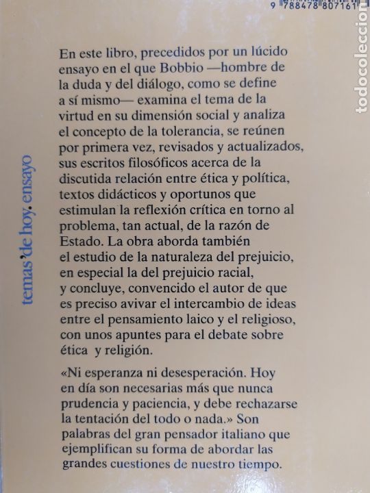 Libros de segunda mano: ELOG&Iacute;O DE LA TEMPLANZA / NORBERTO BOBBIO / TEMAS DE HOY. 1997 - Foto 5