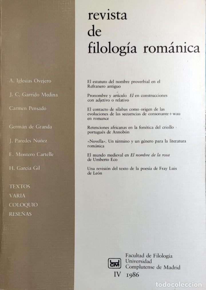 Libri di seconda mano: REVISTA DE FILOLOG&Iacute;A ROM&Aacute;NICA, IV (1986) / UNIVERSIDAD COMPLUTENSE DE MADRID, FACULTAD DE FILOLOG&Iacute;A.