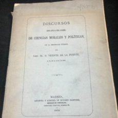 Libros de segunda mano: DISCURSOS REAL ACADEMIA DE CIENCIAS MORALES Y POLÍTICAS POR VICENTE DE LA FUENTE 1875. MADRID. Lote 285505958