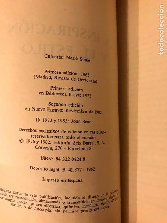 Libros de segunda mano: La inspiraci&oacute;n y el estilo. Juan Benet. - Foto 3