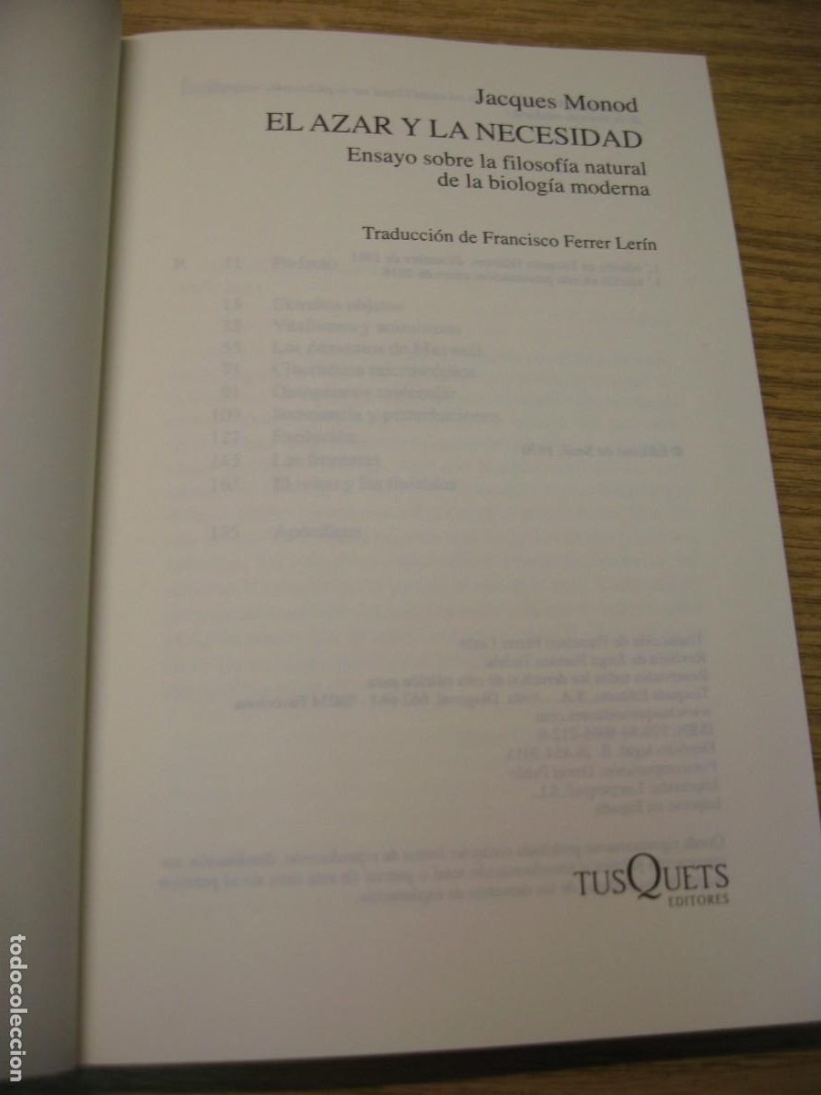 Libros de segunda mano: JACQUES MONOD. EL AZAR Y LA NECESIDAD. EDITORES TUSQUETS 2016 - Foto 4