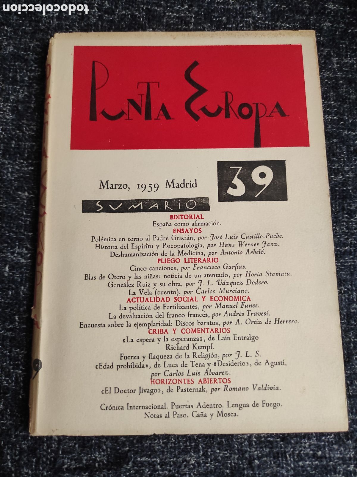 Livres d'occasion: LIBRO-REVISTA CULTURAL PUNTA EUROPA N&ordm; 39 MARZO 1959