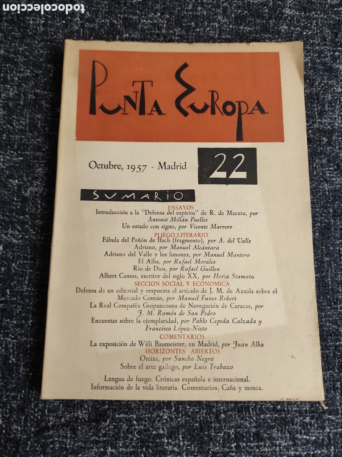 Livres d'occasion: LIBRO-REVISTA CULTURAL PUNTA EUROPA N&ordm; 22 OCTUBRE 1957 ART&Iacute;CULO SOBRE OTEIZA