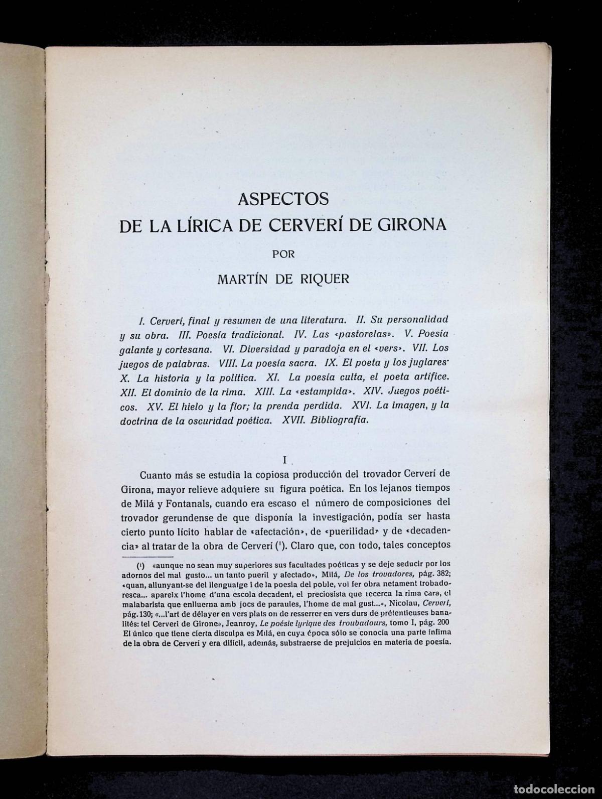 Libros de segunda mano: ASPECTOS DE LA L&Iacute;RICA DE CERVER&Iacute; DE GIRONA. - RIQUER, Mart&iacute;n de. - Foto 2