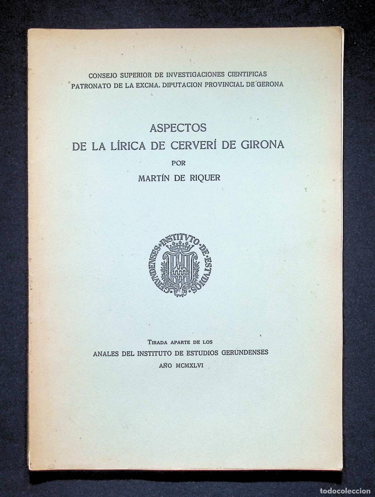 Libros de segunda mano: ASPECTOS DE LA L&Iacute;RICA DE CERVER&Iacute; DE GIRONA. - RIQUER, Mart&iacute;n de. - Foto 1