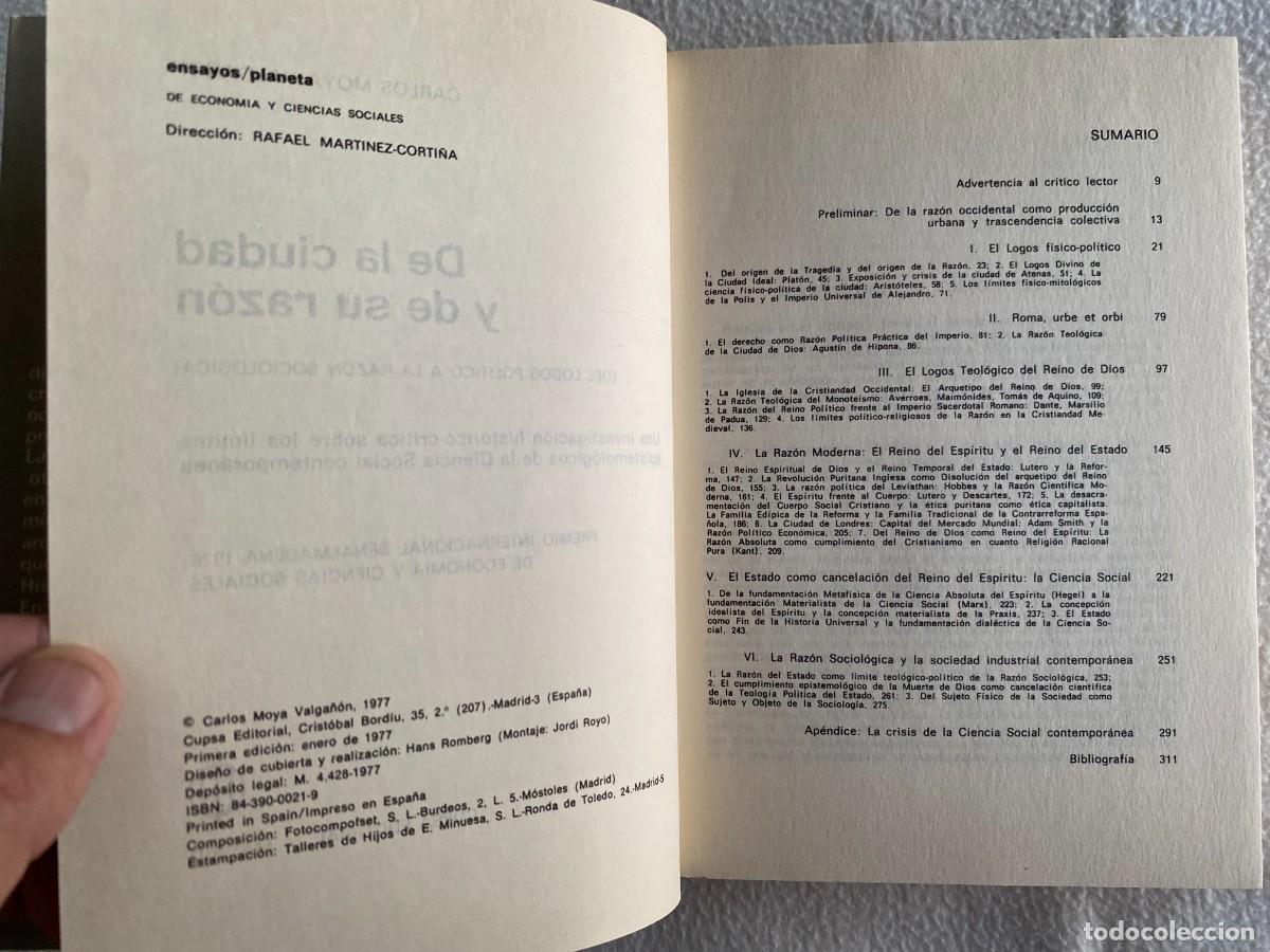 Libros de segunda mano: DE LA CIUDAD Y DE SU RAZON. CARLOS MOYA. PLANETA. - Foto 3