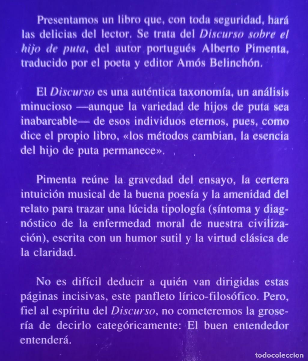 Libros de segunda mano: DISCURSO SOBRE EL HIJO DE PUTA - ALBERTO PIMENTA - Foto 2