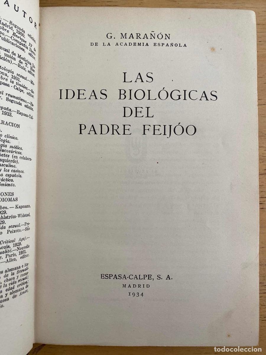 Libros de segunda mano: Las ideas biologicas del padre feijoo - Gregorio Mara&ntilde;on - Foto 1