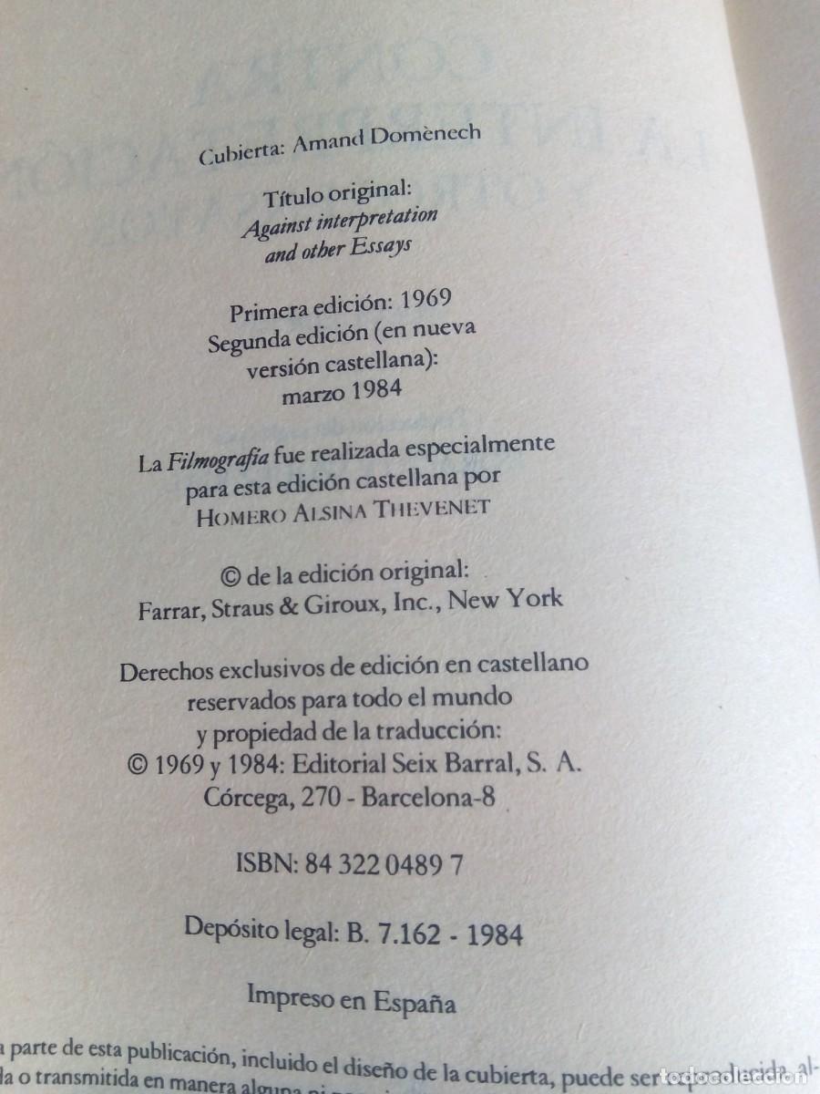 Libros de segunda mano: CONTRA LA INTERPRETACI&Oacute;N / SUSAN SONTAG - Foto 5