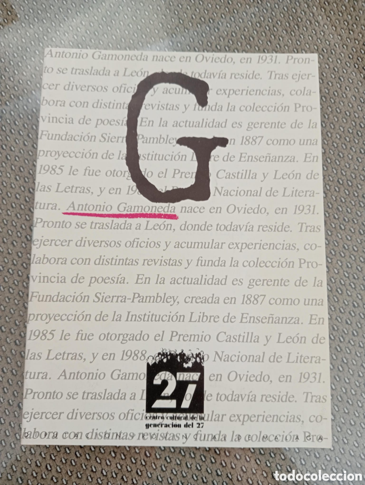 Libros de segunda mano: Antonio Gamoneda. Centro Cultural de la Generaci&oacute;n del 27. Diputaci&oacute;n de M&aacute;laga, 1991.