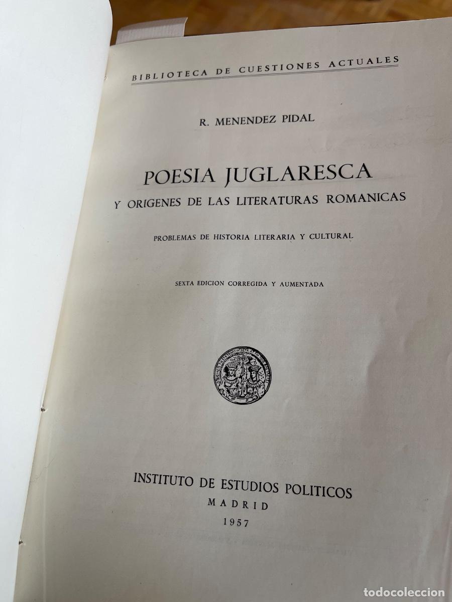 Libros de segunda mano: R. Men&eacute;ndez Pidal, Poes&iacute;a juglaresca y or&iacute;genes de las literaturas rom&aacute;nicas, 1957