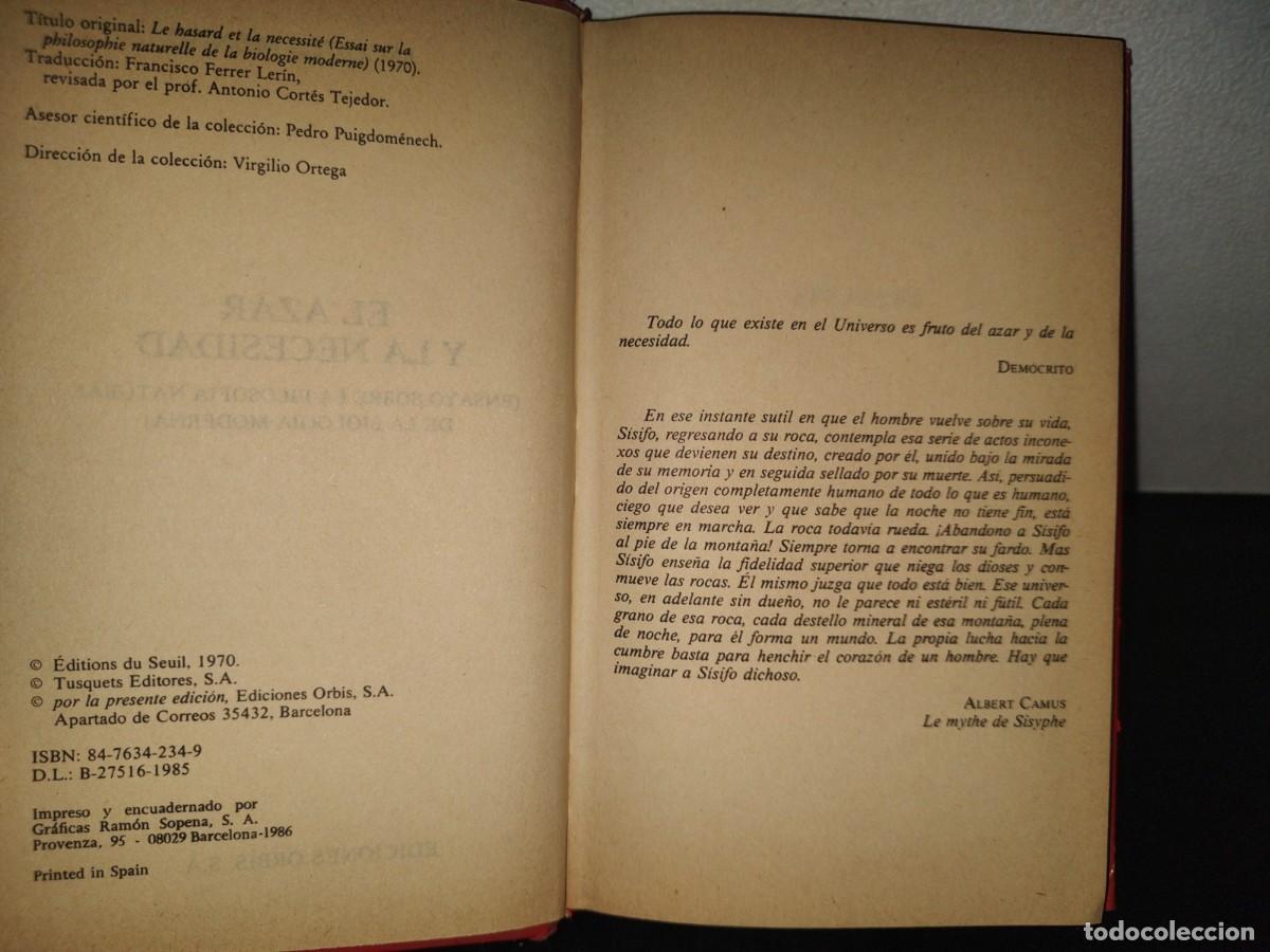 Libros de segunda mano: 196- El Azar Y La Necesidad. Jacques Monod - Ediciones Orbis, S. A. - Foto 4